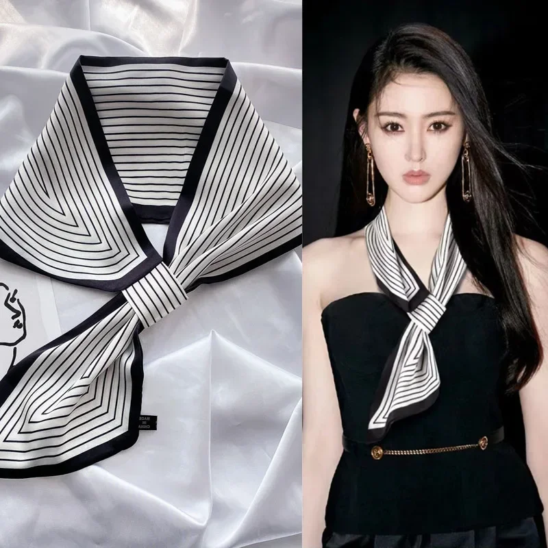 럭셔리 밴드 봄 여름 귀 실크 스카프 여성 줄무늬 인쇄 - Luxury Bags Korea 리뷰 및 가격